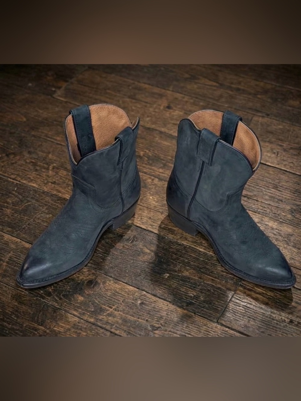 Frye Billy Short Distressed Charcoal Grey Black Leather Boots Pointed Toe Size 7